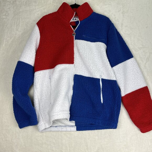 Fila Sherpa Sweater Men’s Size Small Back Red White Blue Zip Up Jacket - Picture 2 of 11